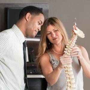 two people looking at a life-sized model of a spine